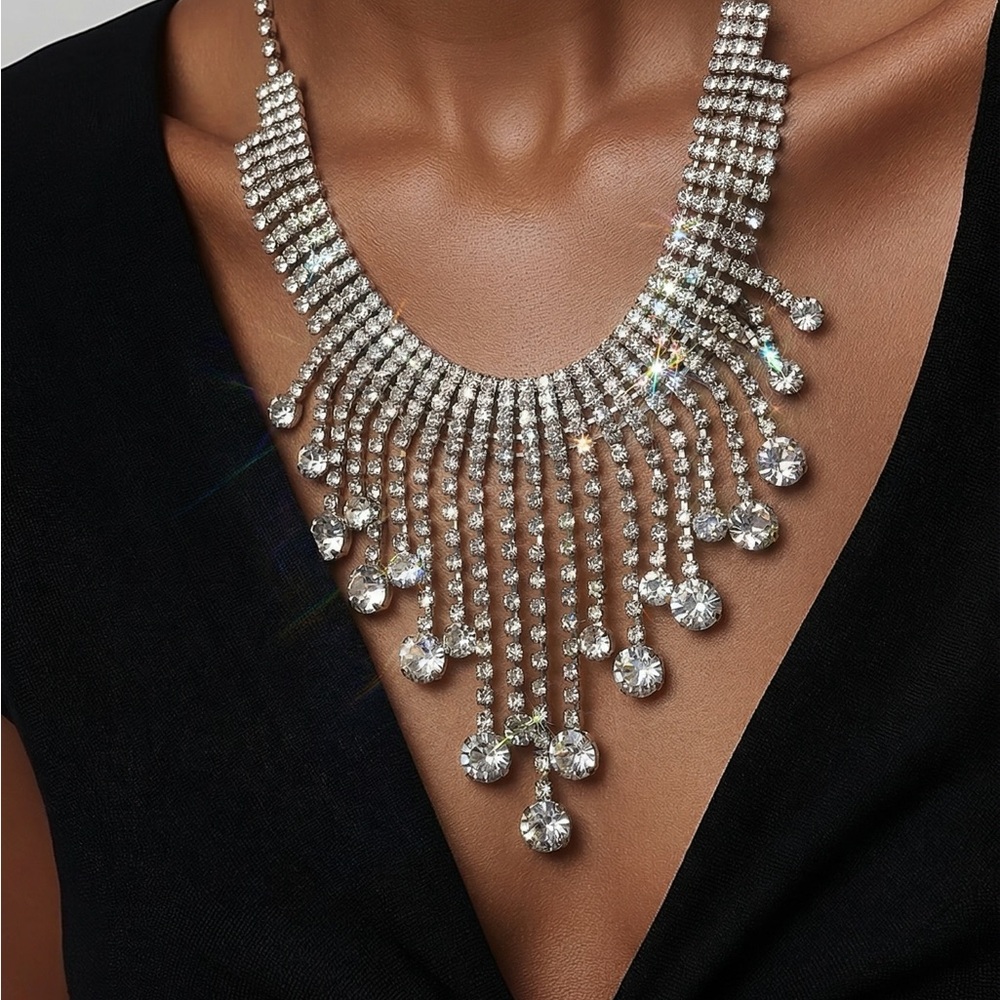Crystal  Statement Necklace Rhinestone Fringe Bib Chandelier 9” Collar Glam